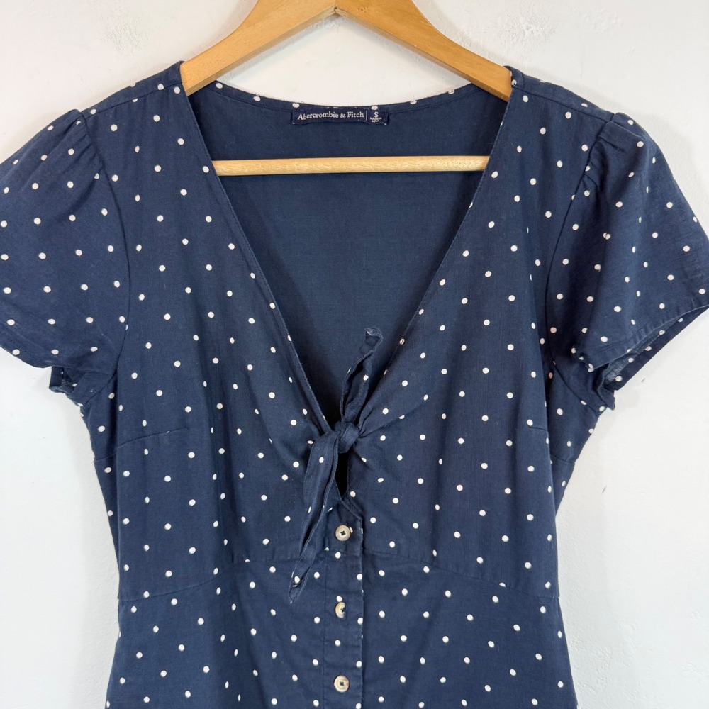 Abercrombie & Fitch Polka Dot Mini Dress S Tie Front Button Cotton Pockets Retro - Picture 2 of 14